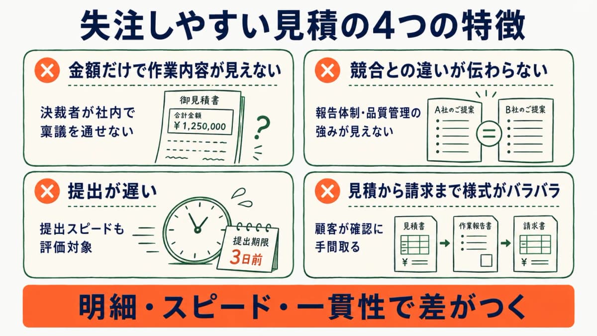 失注しやすい見積の特徴を示す図
