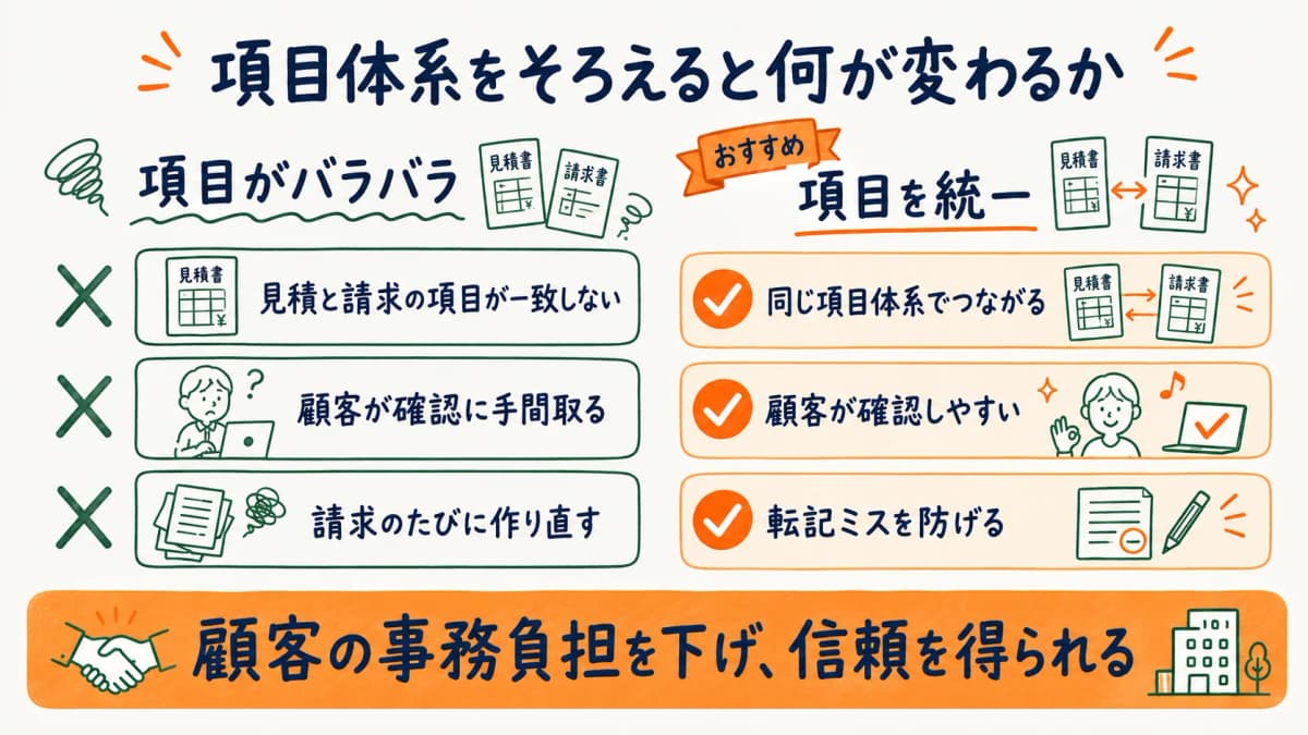見積と請求の項目体系を統一した場合としない場合の比較図