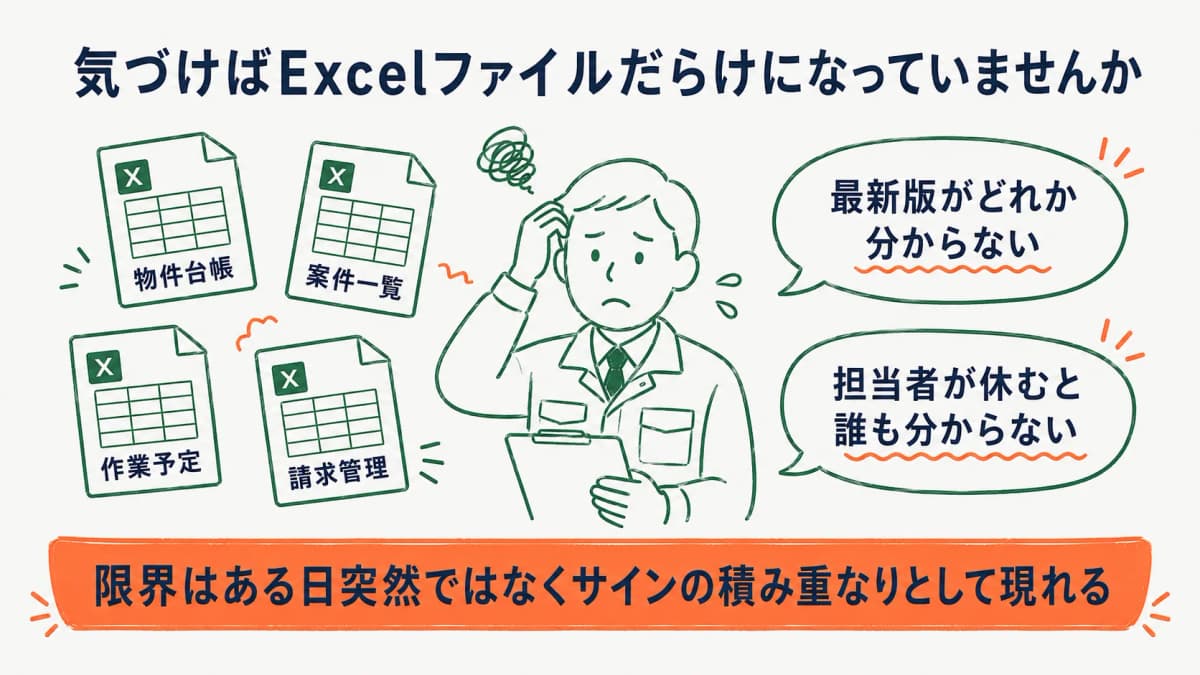 清掃業のExcel管理が限界を迎える状況を示す図
