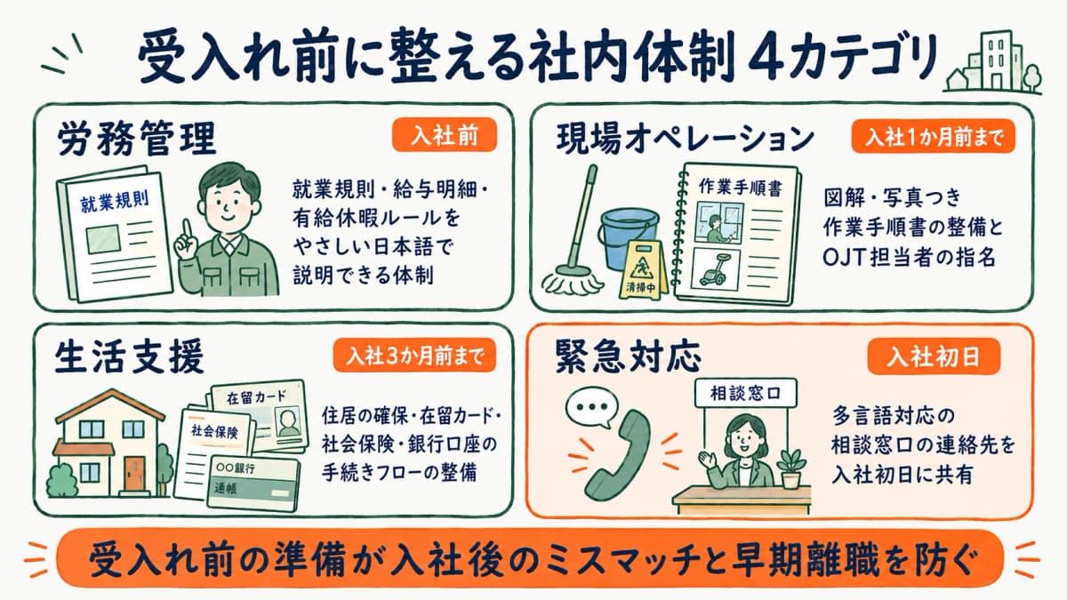 外国人材の受入れ前に会社が整えるべき体制の全体像を示す図
