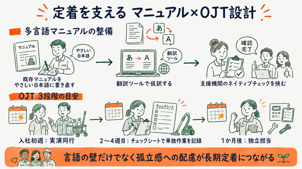 外国人スタッフの定着を支える多言語マニュアルとOJT設計の流れを示す図