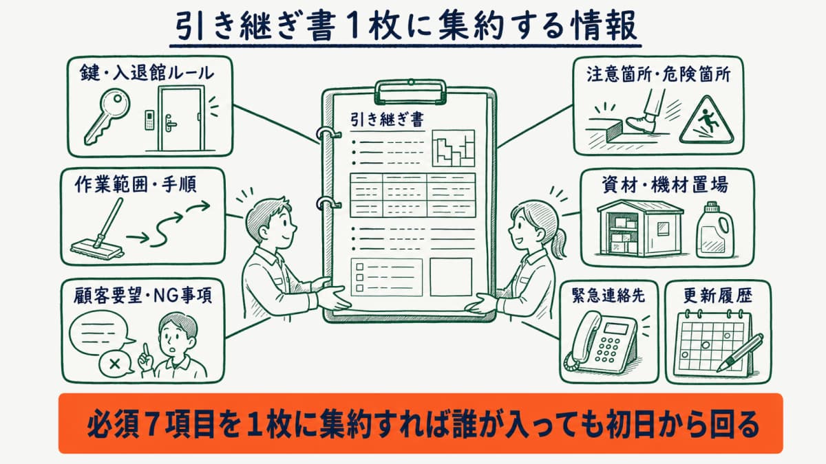 清掃の引き継ぎ書に集約する必須項目のイメージ図