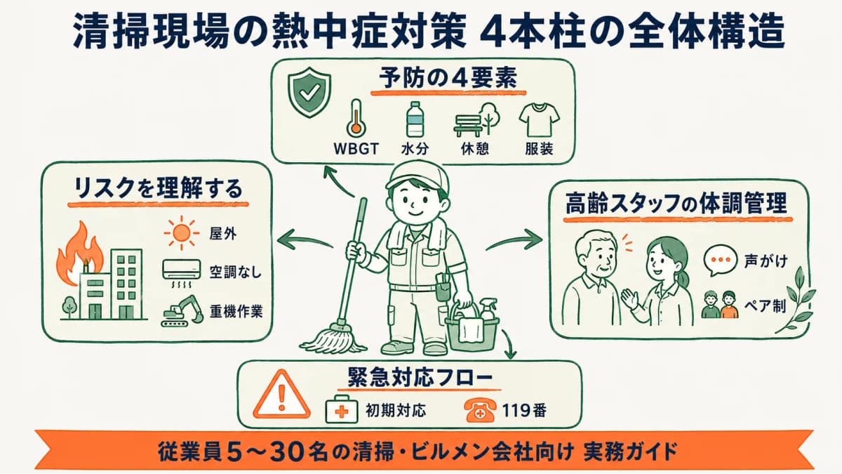 清掃現場の熱中症リスクと予防の基本を示す概要図