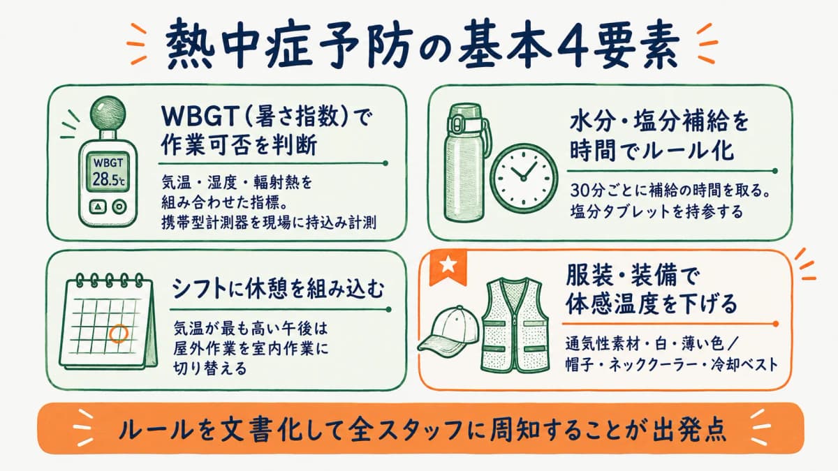 熱中症予防の4要素を示す図