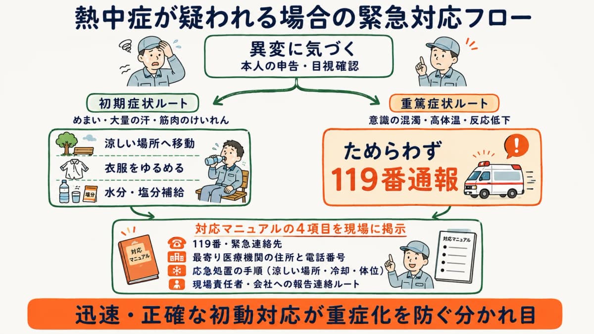 熱中症発症時の緊急対応フローチャートを示す図