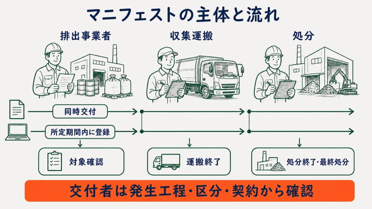 排出事業者・収集運搬・処分と紙・電子の交付・登録・終了確認を示す図