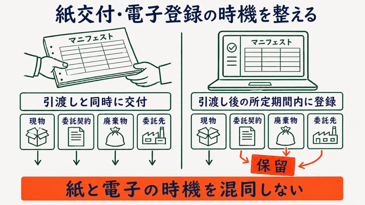 紙の同時交付・電子の所定期間内登録と現物・契約・記載照合を示す図