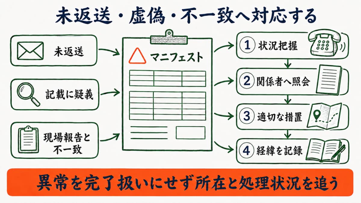 未返送・虚偽・不一致の把握から照会・措置・社内報告へ進む図