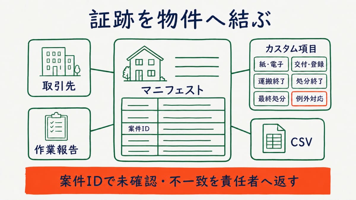 取引先・物件・作業報告・カスタム項目・CSVで確認状況を管理する図