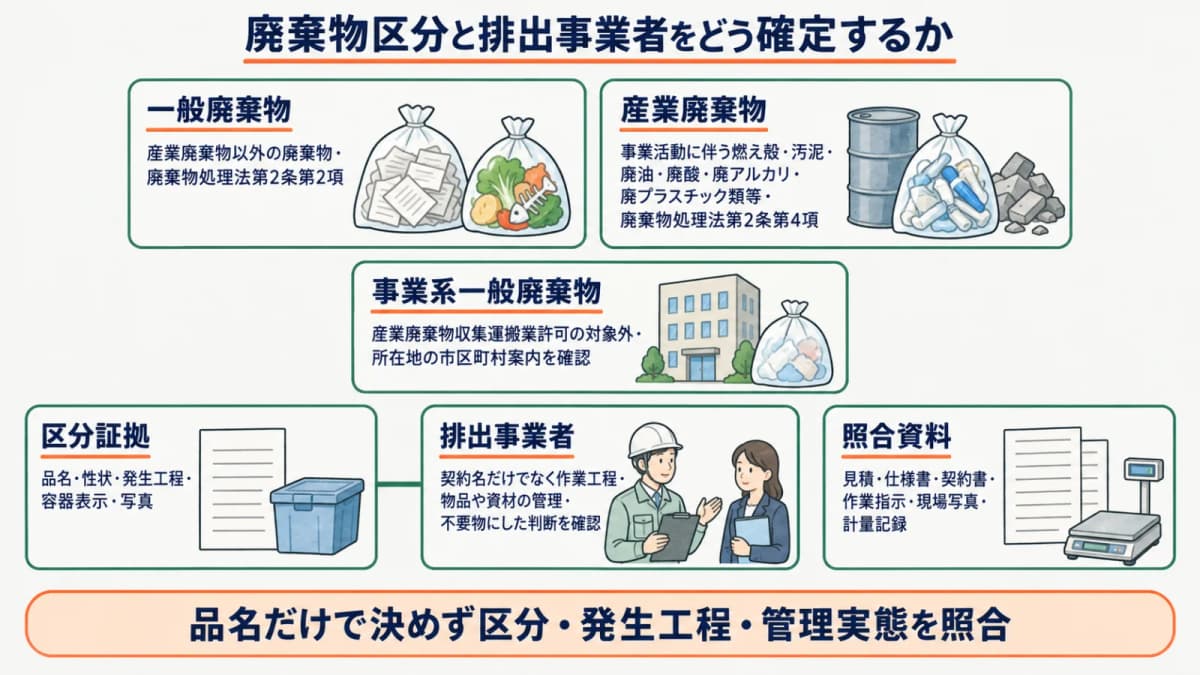 廃棄物の区分と排出事業者を品名・発生工程・照合資料から確定する図