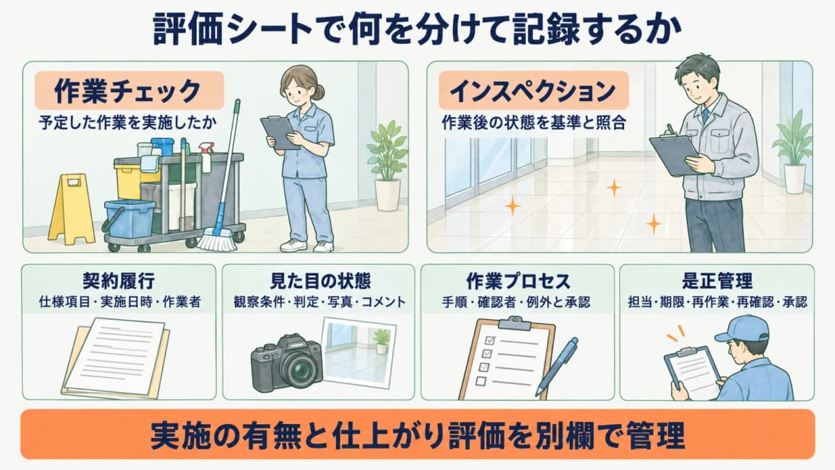 クリップボードを持つ巡回責任者が清掃済みの床を評価する図