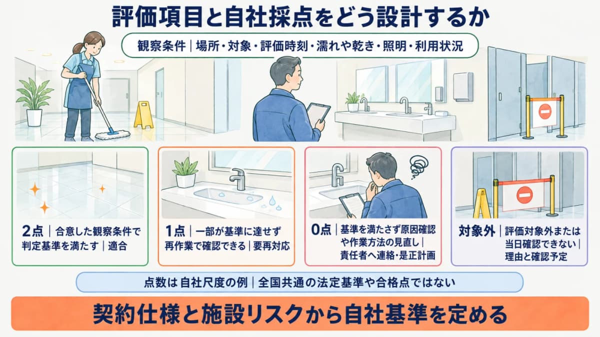モップと清掃済みの床を観察可能な基準と自社採点へ変換する図