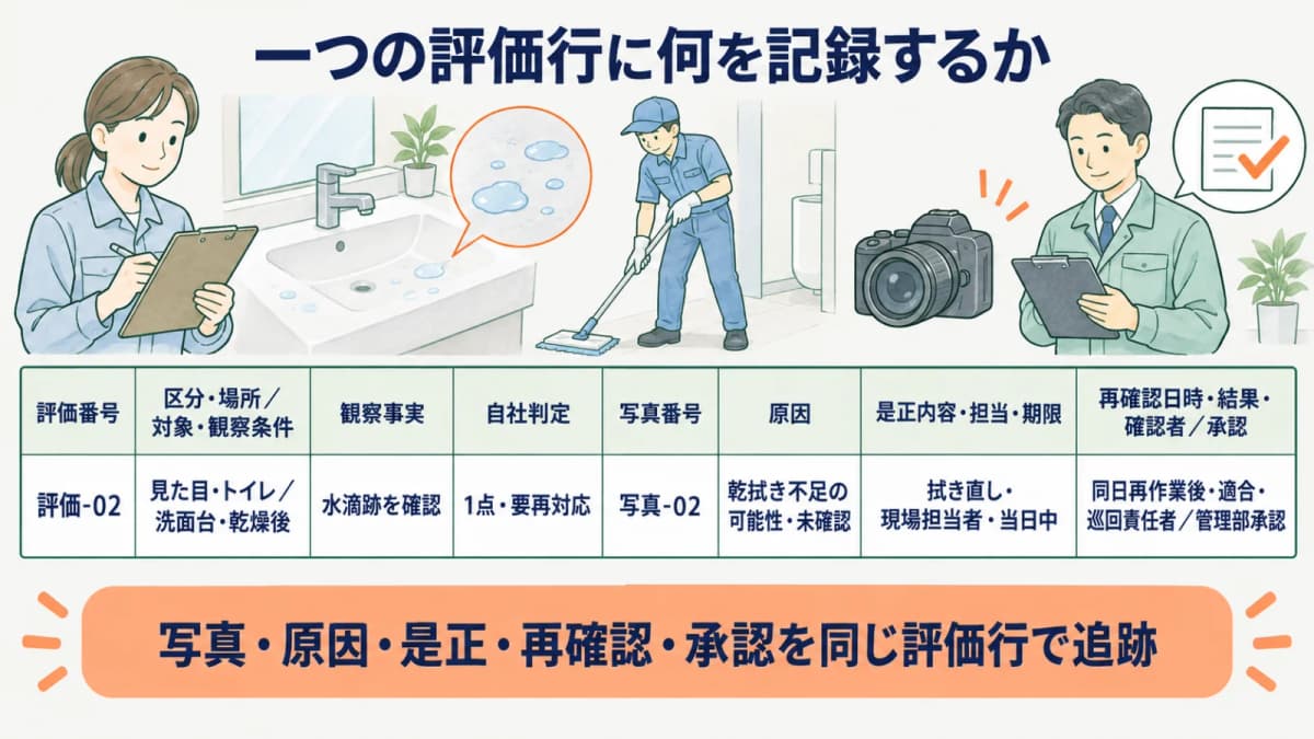 クリップボードに場所と判定と写真と再確認を一行で整理する図