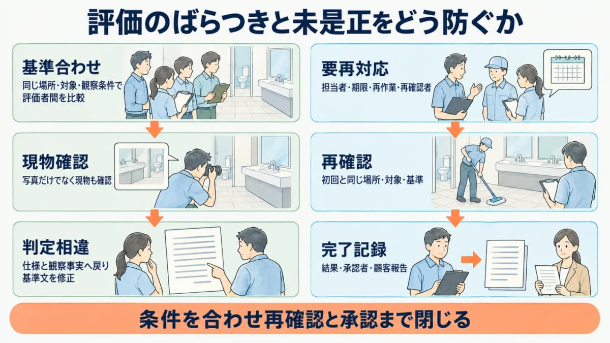 清掃済みの床を複数の評価者が確認し再対応まで管理する図