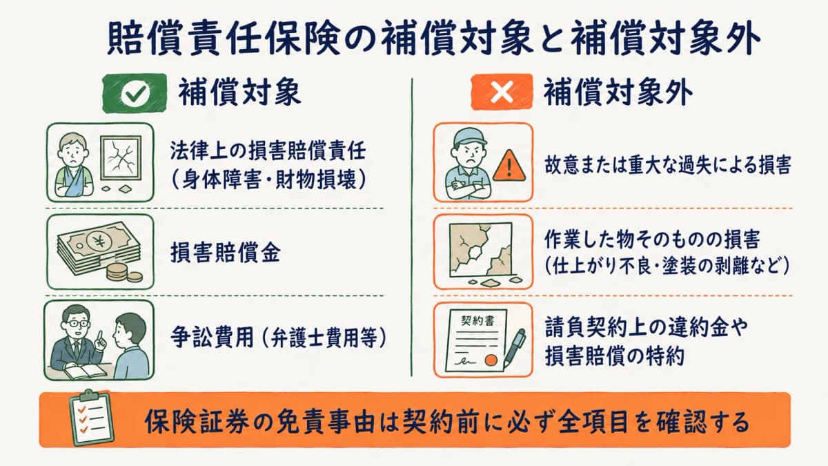賠償責任保険の補償範囲と補償対象外の事由を整理した図