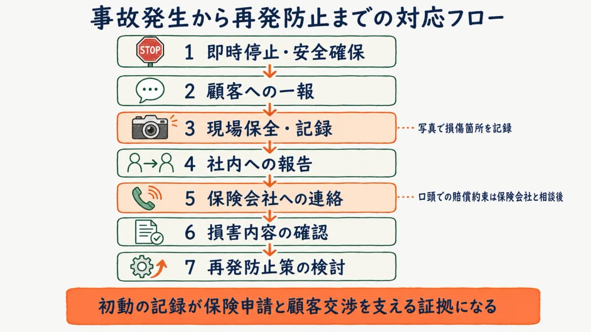 事故発生から保険申請・再発防止までの対応フローを示す図