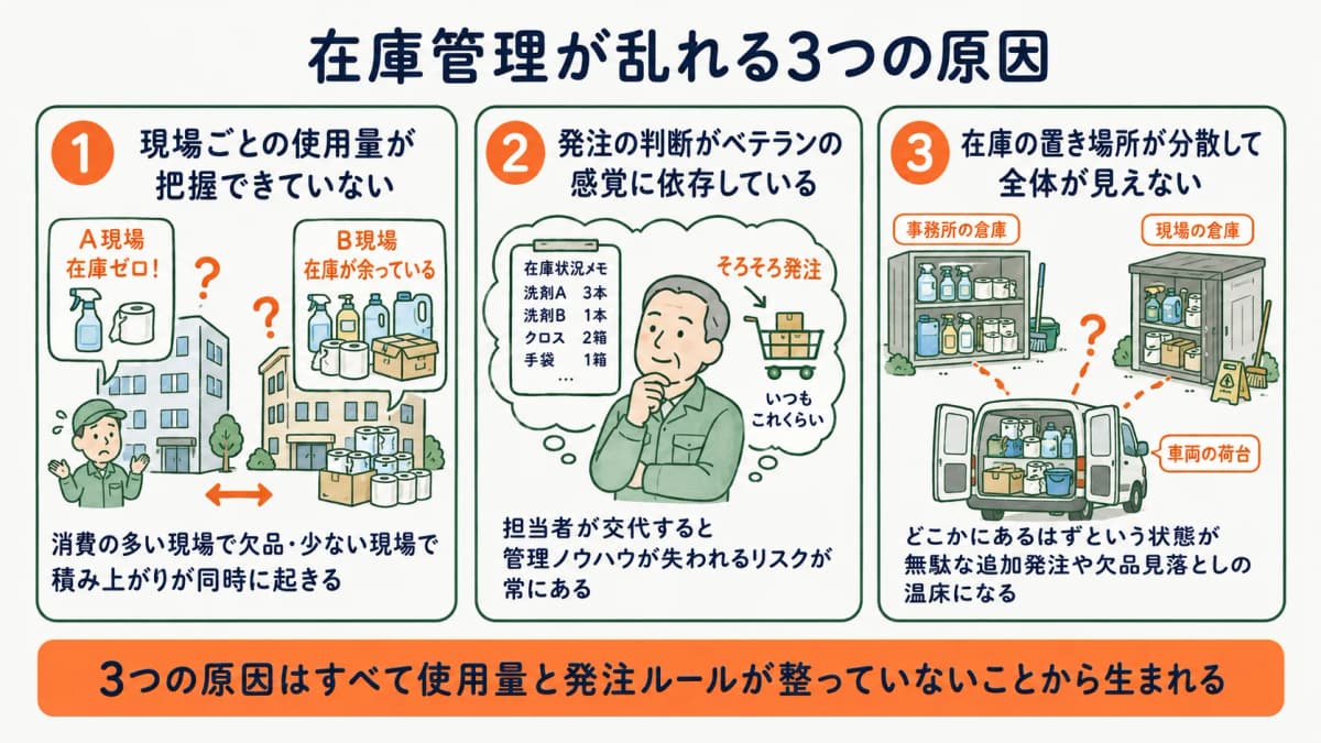 清掃資材の在庫管理が乱れる3つの原因を整理した図