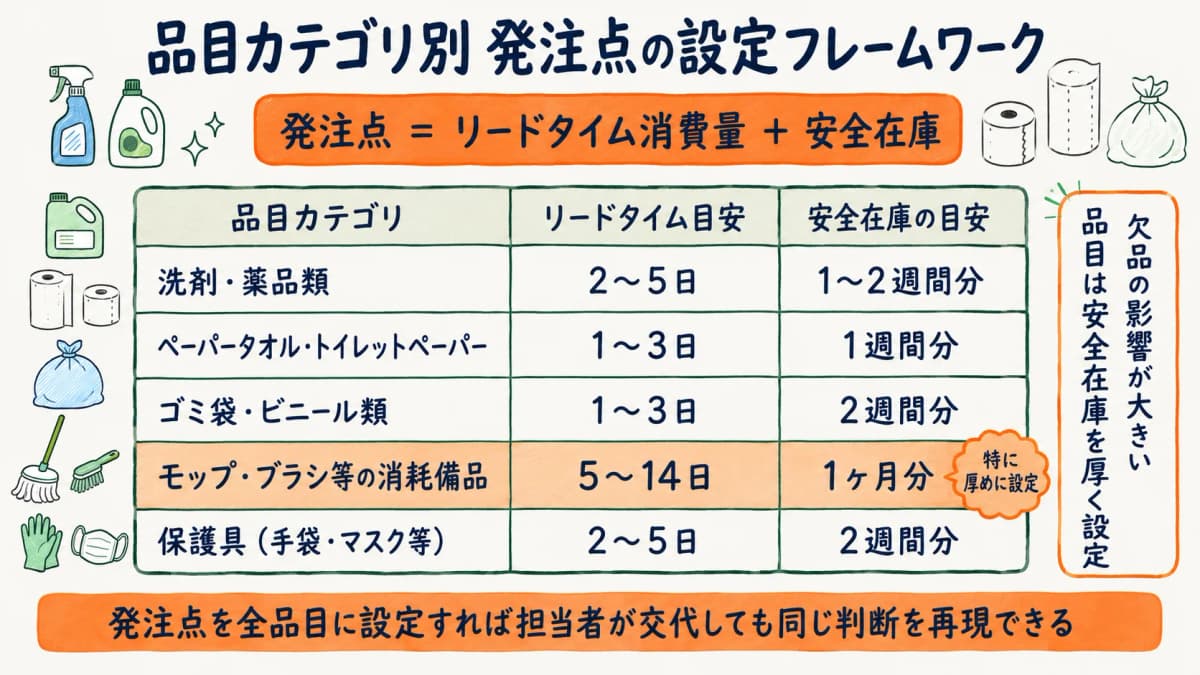 品目ごとの発注点と安全在庫を設定するフレームワークを示す図