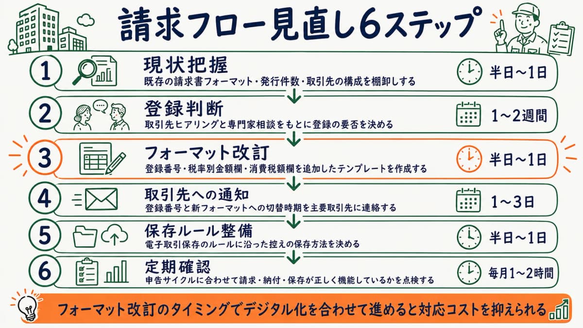請求業務フローをインボイス制度に合わせて見直す手順を示す図