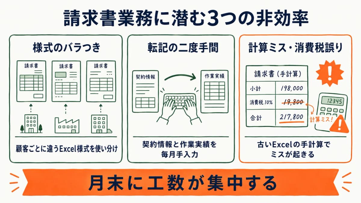 清掃業の請求書業務が抱える非効率を示す図