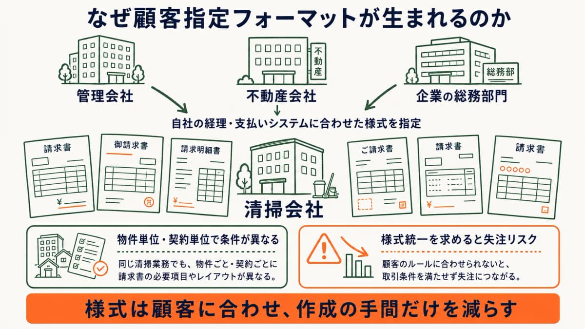 顧客指定フォーマットが発生する取引構造の図