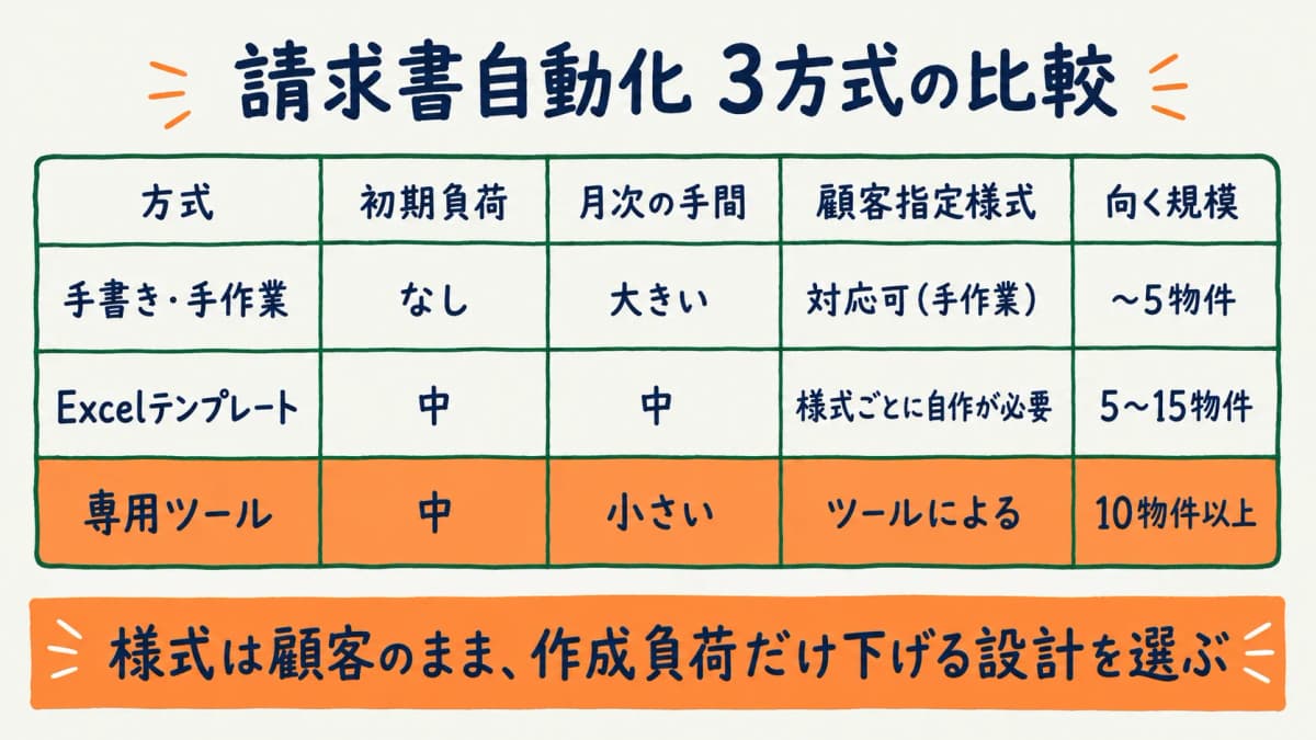 手書き・Excel・専用ツールの請求書自動化比較図