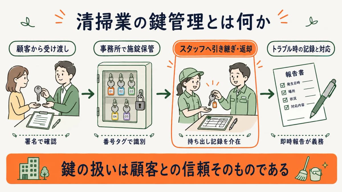 清掃業の鍵管理における受け渡し・保管・紛失リスクの全体像を示す図