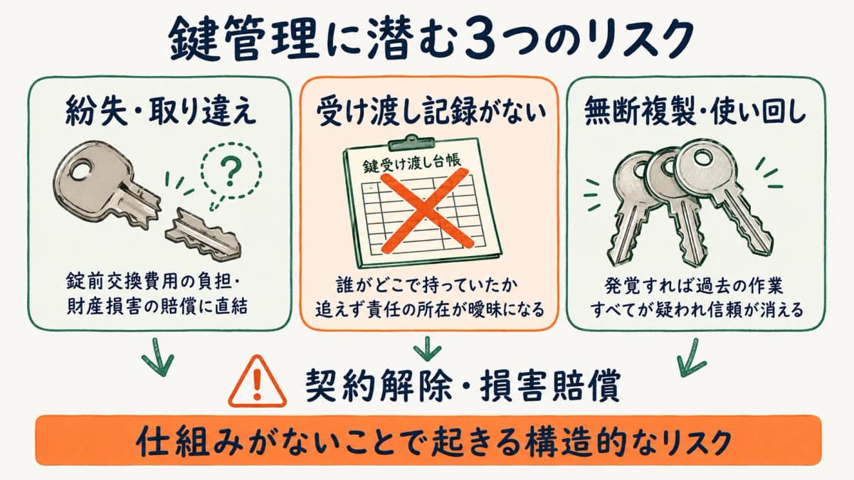 清掃業の鍵管理に潜む3つのリスクの構造を整理した図