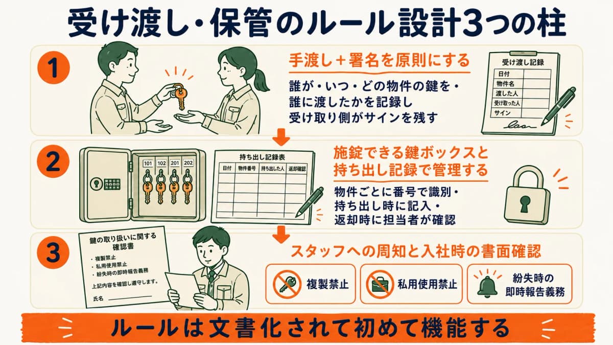 鍵の受け渡しと保管の標準ルールを設計する手順を示す図