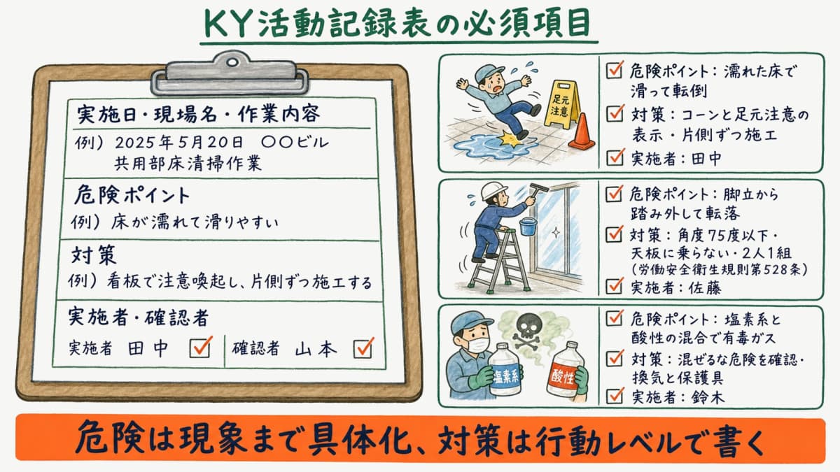 KY活動記録表の必須項目と記入欄の構成を示す図