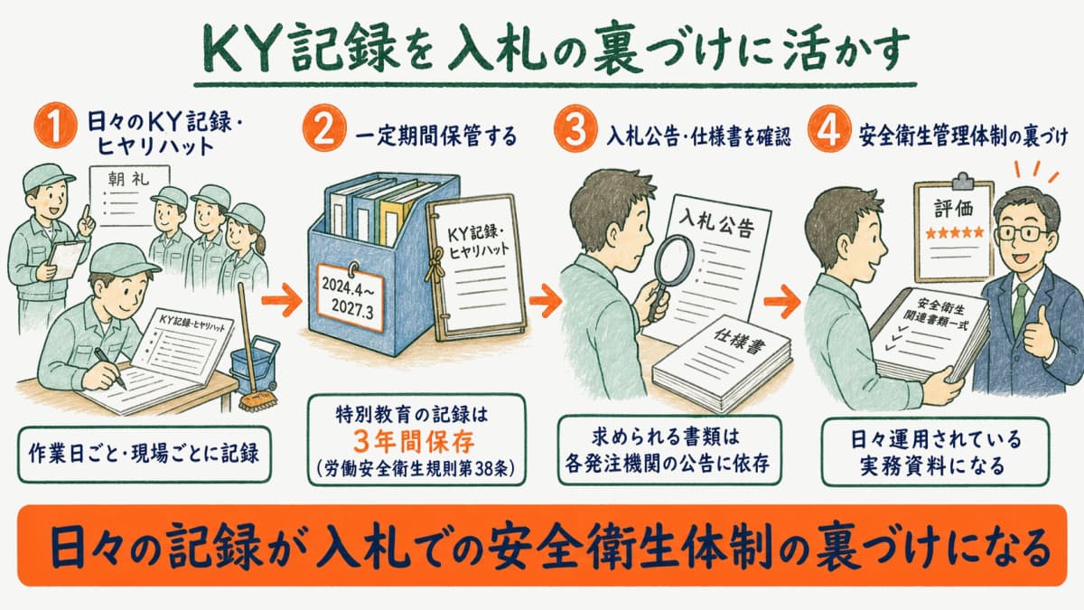 KY記録・ヒヤリハットを保管し官公庁入札の安全衛生管理体制の裏づけにつなぐ流れの図