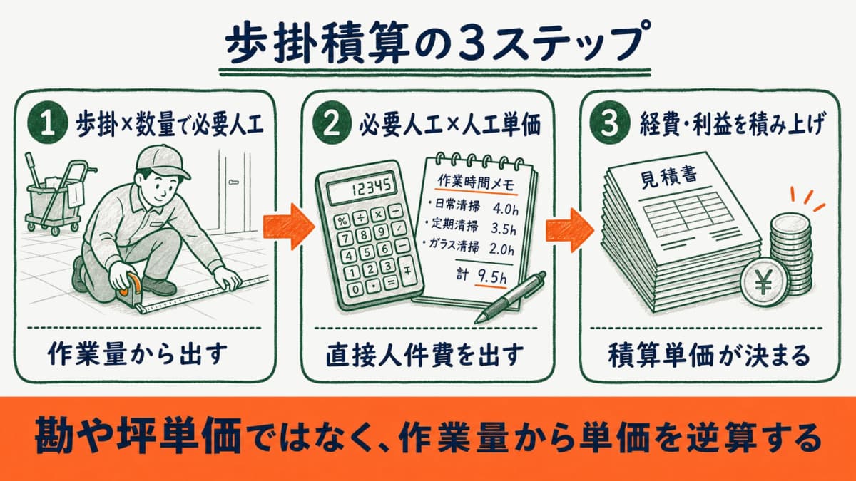 清掃見積の歩掛積算プロセス(歩掛→必要人工→積算単価)を示す図解