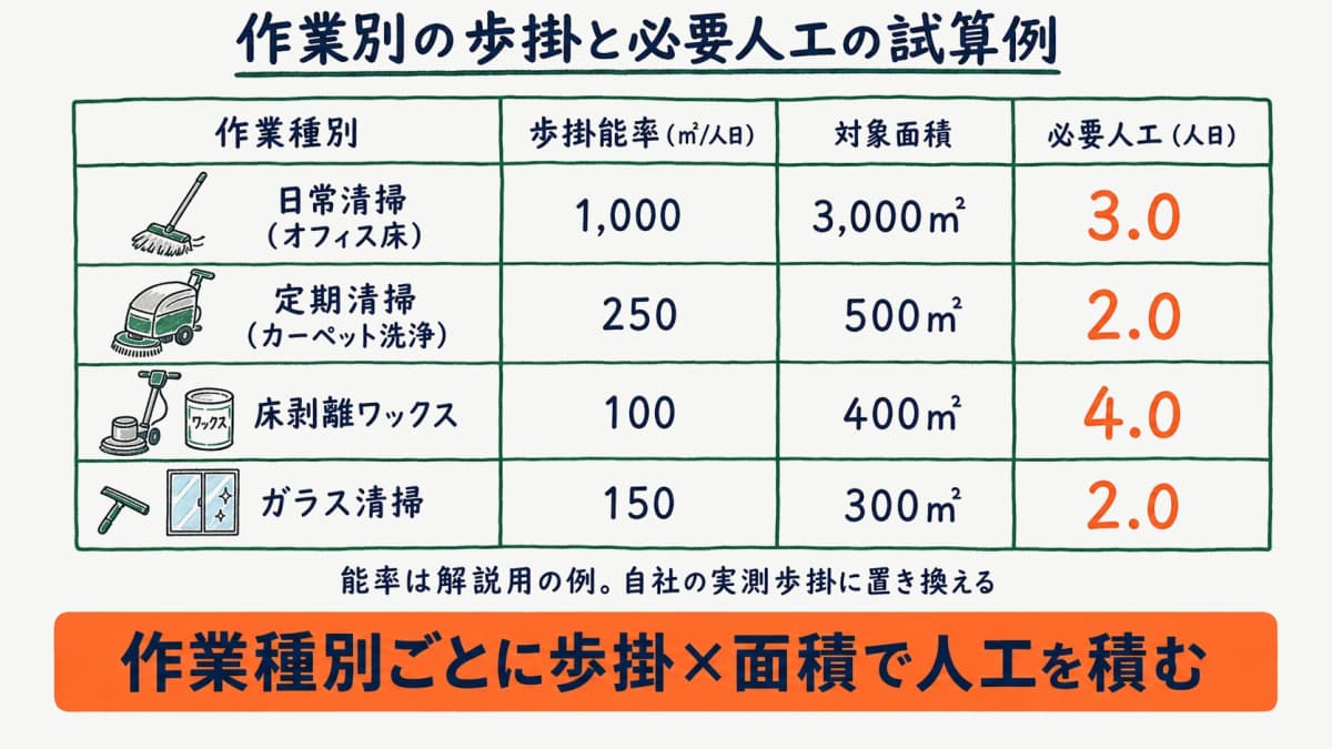 作業種別ごとの歩掛と必要人工を並べた試算表のイメージ