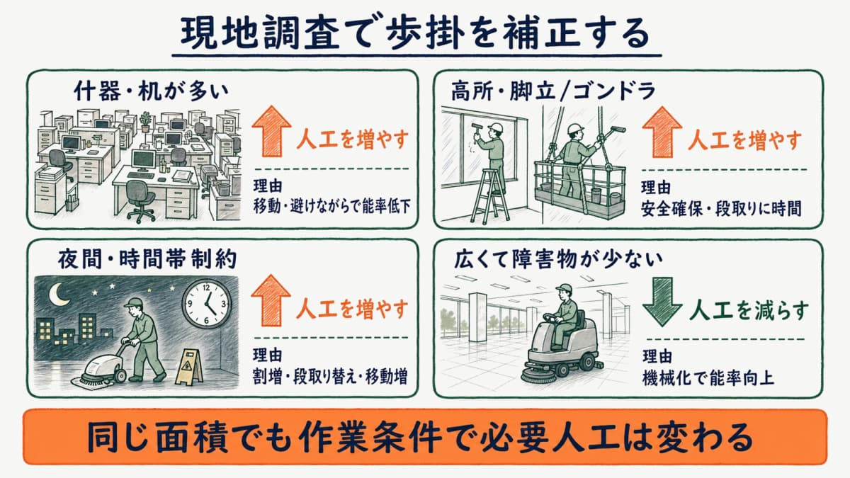 作業条件による歩掛補正(什器・高所・夜間で人工増、広く障害物少で人工減)を示す図