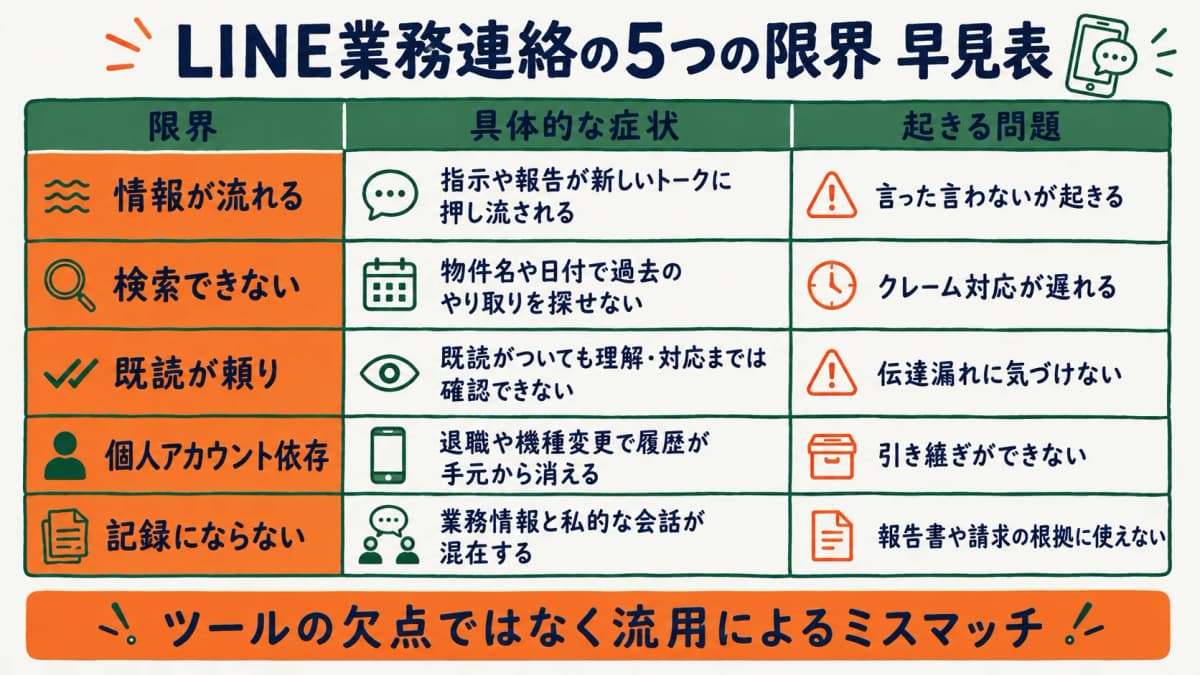 LINE業務連絡の5つの限界をまとめた早見表の図