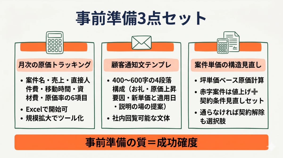 値上げ交渉の事前準備3点セット(原価トラッキング・通知文テンプレ・案件単価見直し)の図