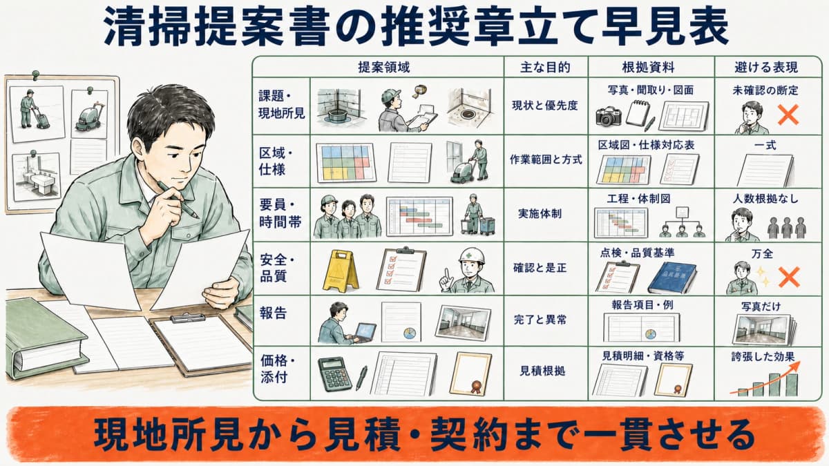 清掃提案書の8領域を目的・根拠資料・避ける表現で示す早見表