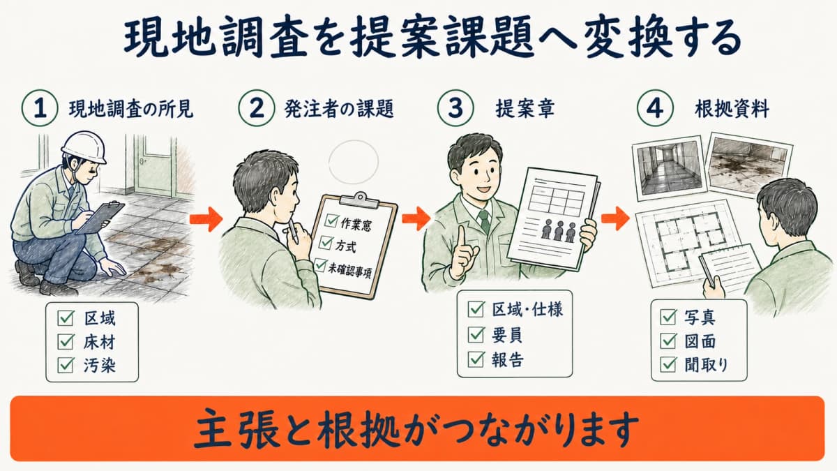 現地の観察事実を課題・提案章・根拠資料へ変換する図