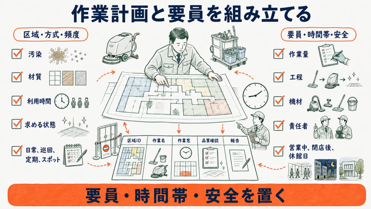 区域・方式・頻度と要員・時間帯・安全を対応させる作業計画図