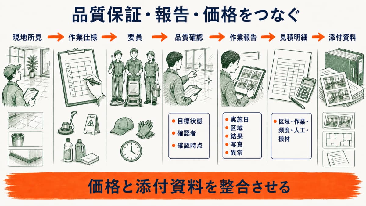 現地所見から仕様・要員・品質確認・報告・見積明細・添付へつなぐ図