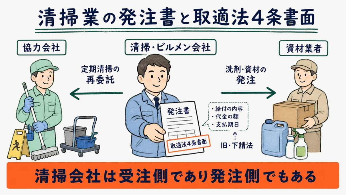 清掃業の発注書と取適法4条書面の関係を示すイメージ図