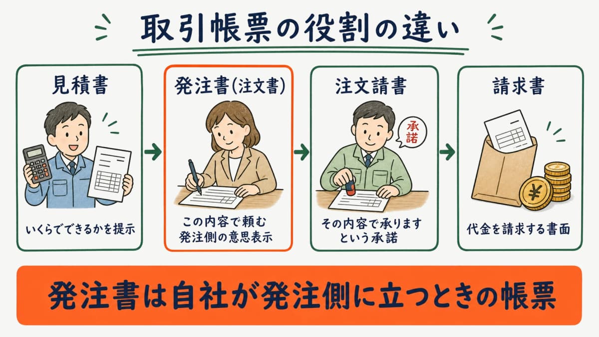 発注書・注文請書・見積書・請求書の役割を対比した図