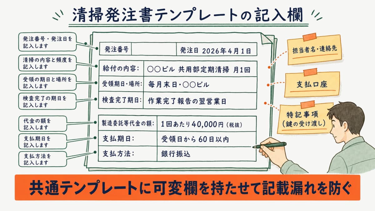 清掃発注書テンプレートの記入欄レイアウト例