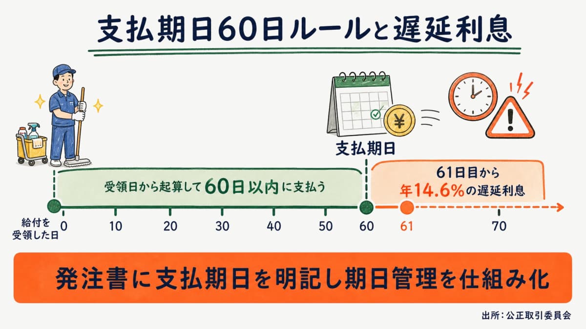 支払期日60日ルールと遅延利息のタイムラインを示す図