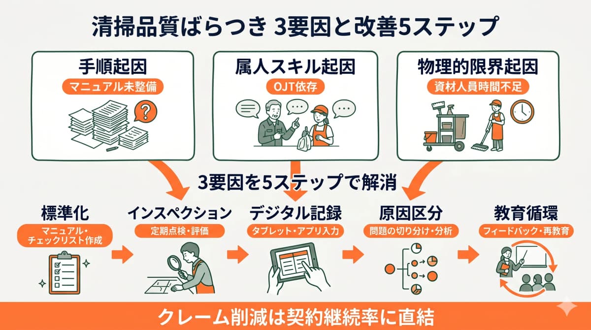 清掃品質ばらつきの3つの発生原因と5ステップ改善フローを示す図