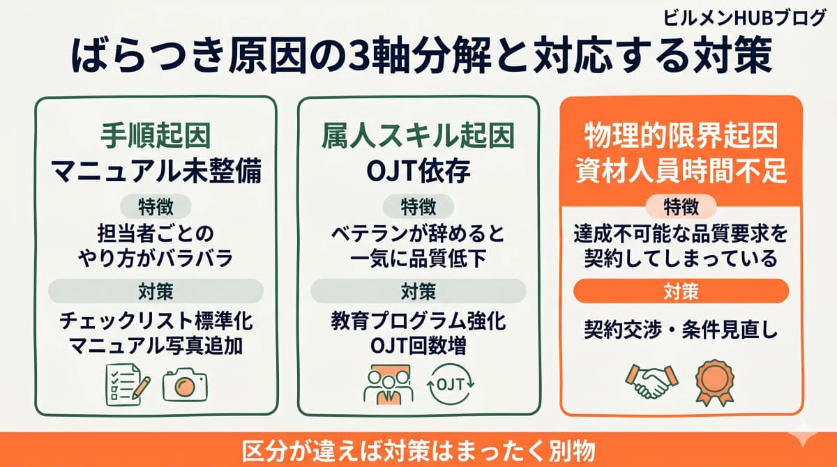 清掃品質ばらつきの3軸原因分解と対応する対策を示す図