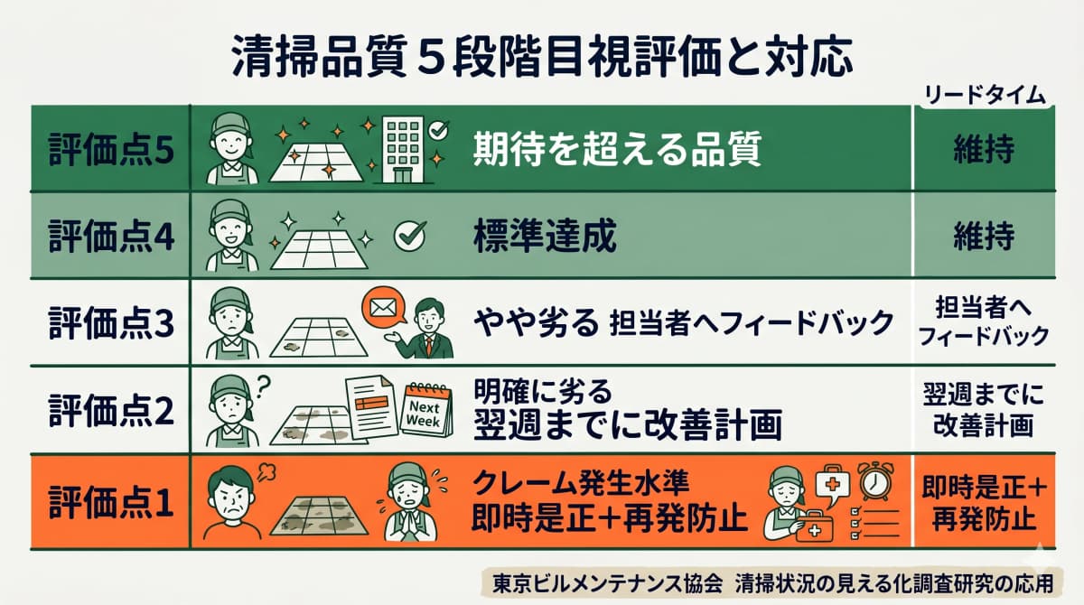 清掃品質5段階目視評価マトリクスと対応リードタイム図