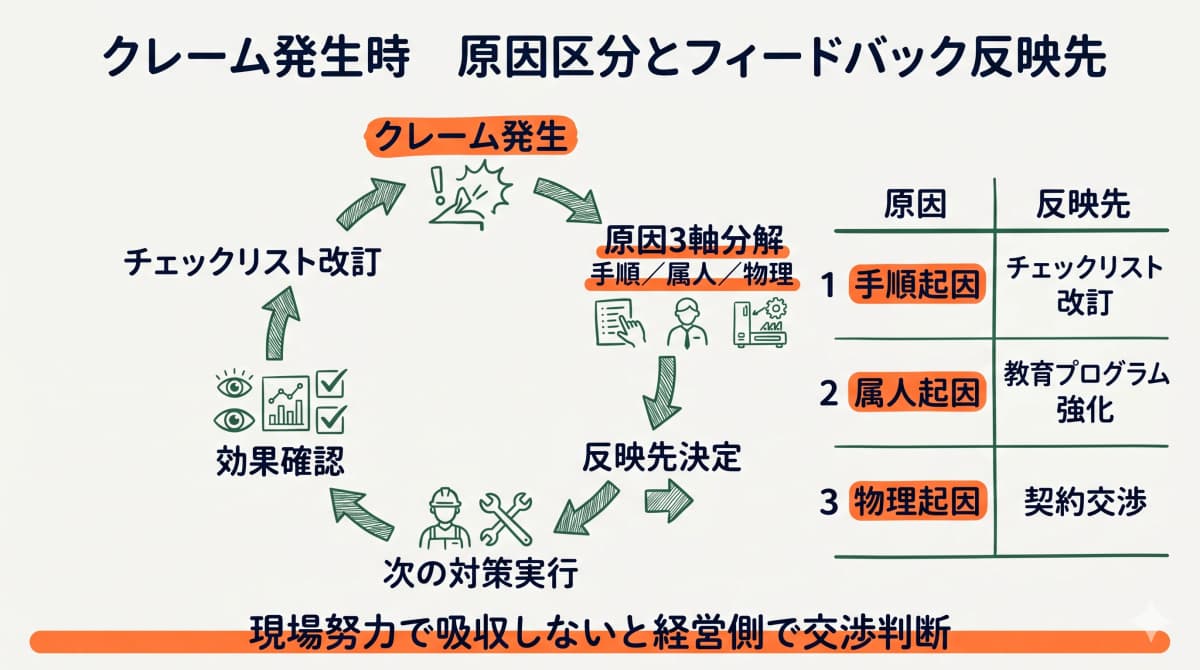 クレーム発生時の原因区分とフィードバック循環を示すPDCA図