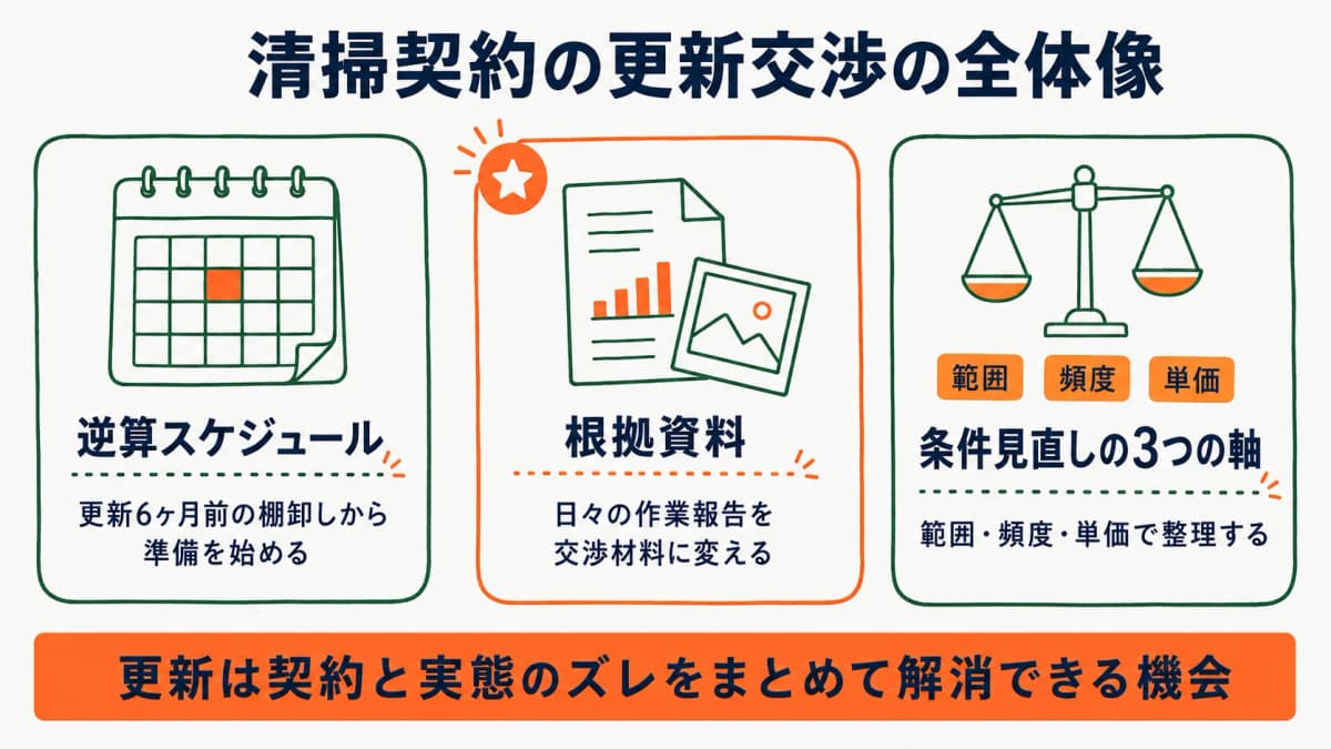 清掃契約の更新交渉の全体像を示す図
