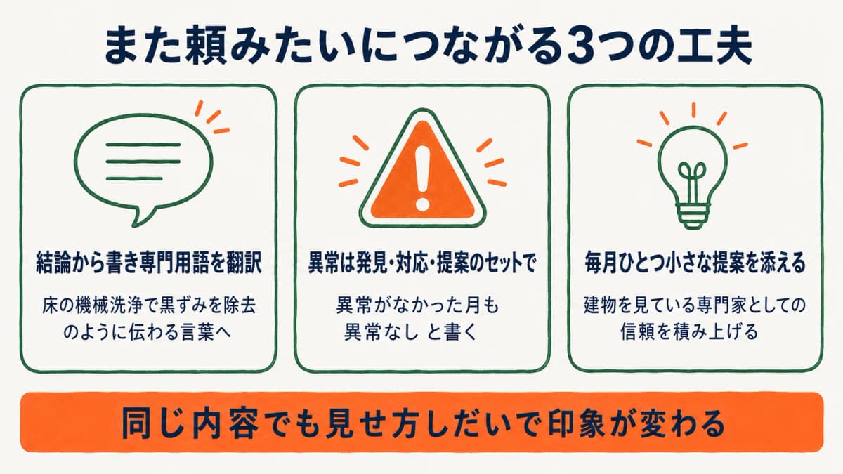 報告書の見せ方の工夫を示す図